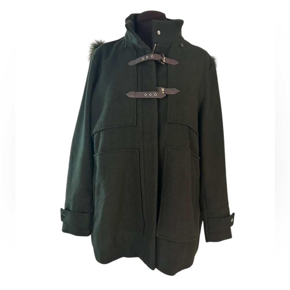 CoffeeShop New York 1X Hooded Pea Coat Wool blend & faux Fur Dark Green